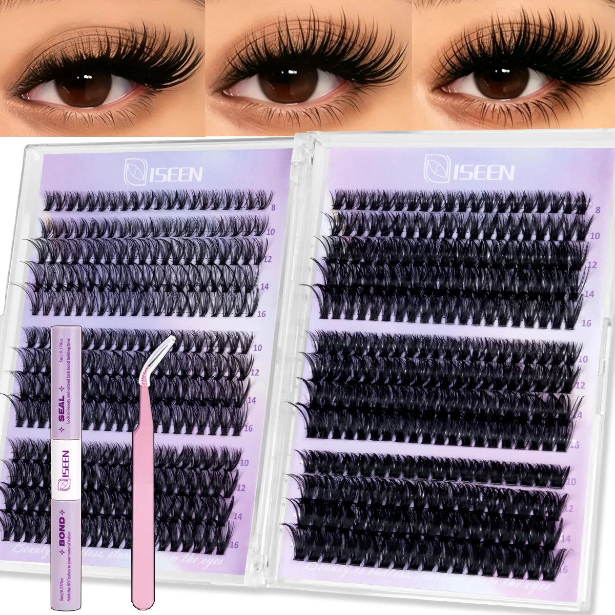 Lash Extension Kit D Curl Cluster Lashes 9-16mm Natural And Voluminous Styles with Bond&Seal Tweezers Reusable Beginner-Friendly