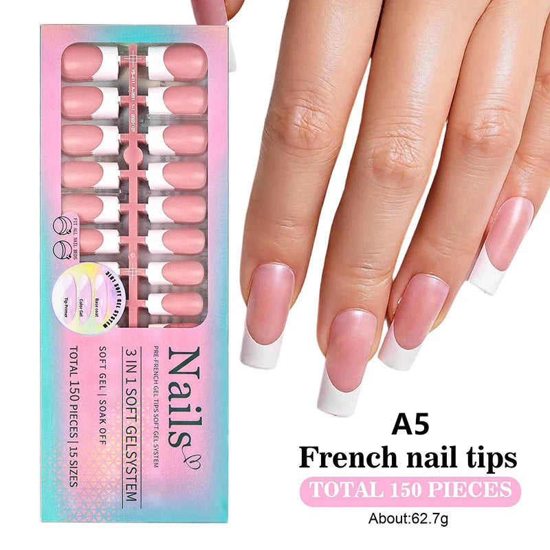 150pcs Boxed French Gel Tips Press On Nails Almond Nails 15 Sizes Pre-applied Fake Nails For Manicure Extension
