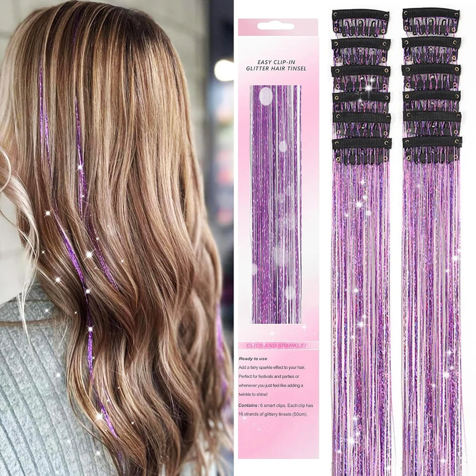Tinsel Kit 12Pcs Clip In Hair Glitter Extensions