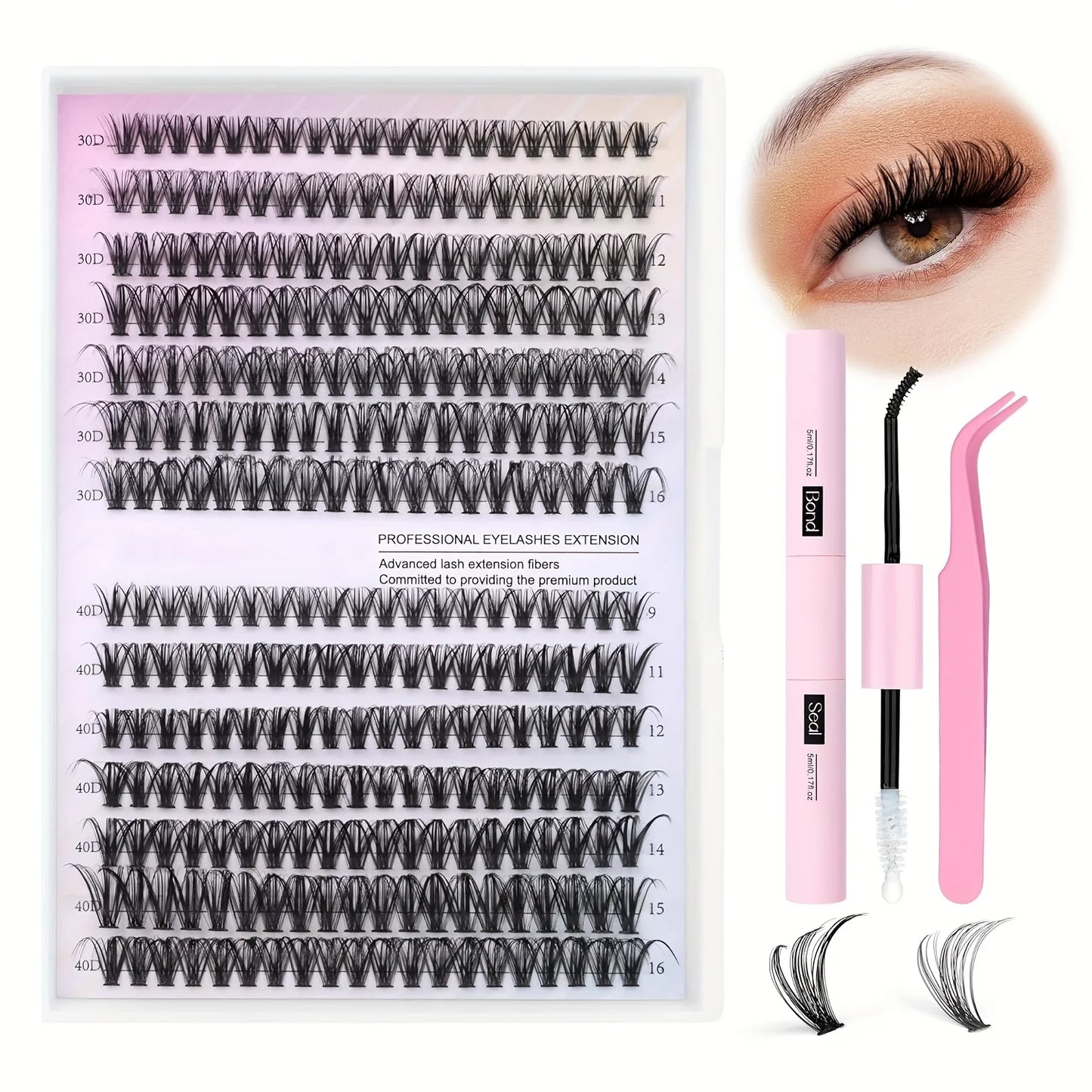 Natural Look False Eyelashes Kit, 280pcs lashes clusters kit, 9-16mm 30D&40D Individual Lashes with Bond Seal Tweezers forMakeup