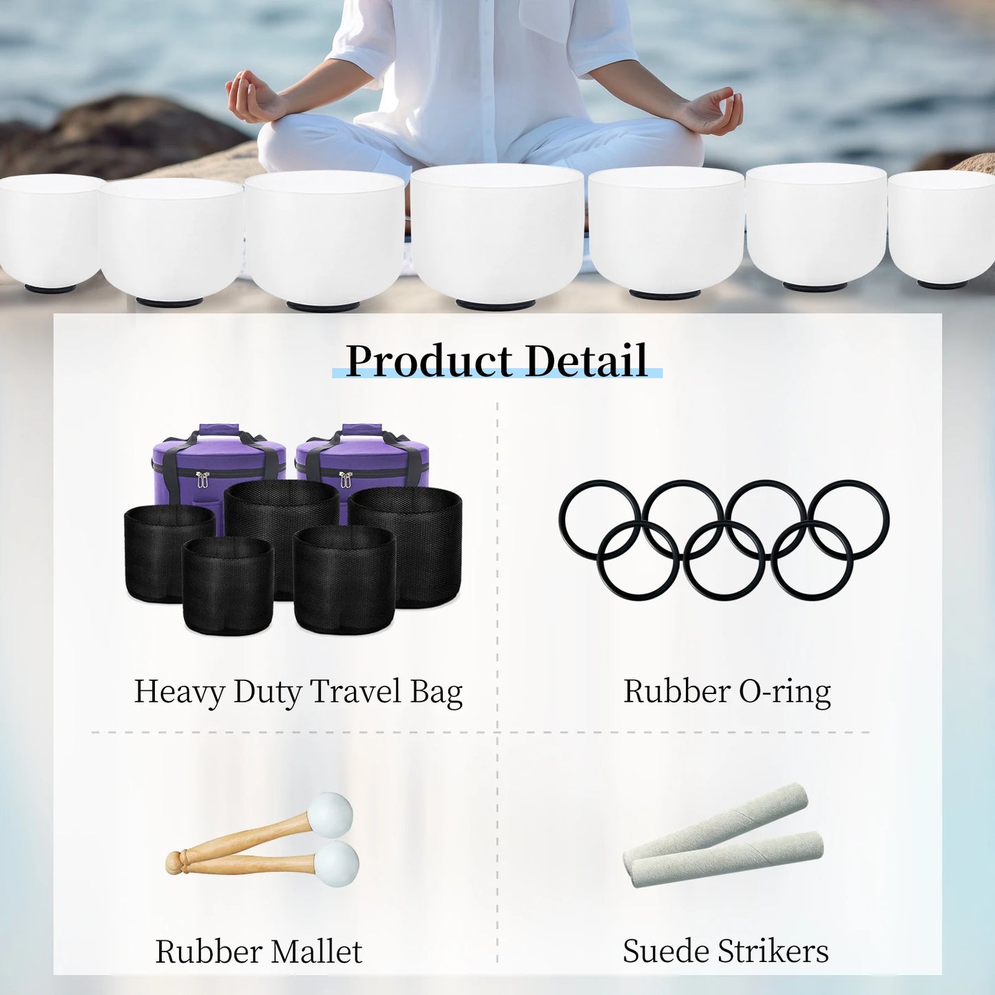 Crystal Singing Bowls Chakra Set of 7 with Carrying Cases for Yoga Medication Sound Healing for Deep Relaxation 7"-12"