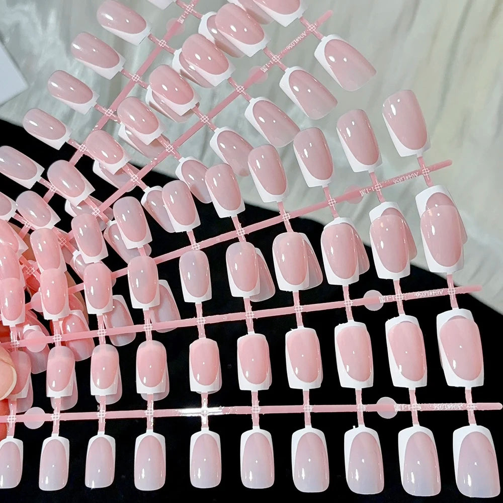 120Pcs Short Square White French Fake Nails Tips Nude Pink Coffin-shaped Glossy Press on nails Full Cover Wearable False Nails-#