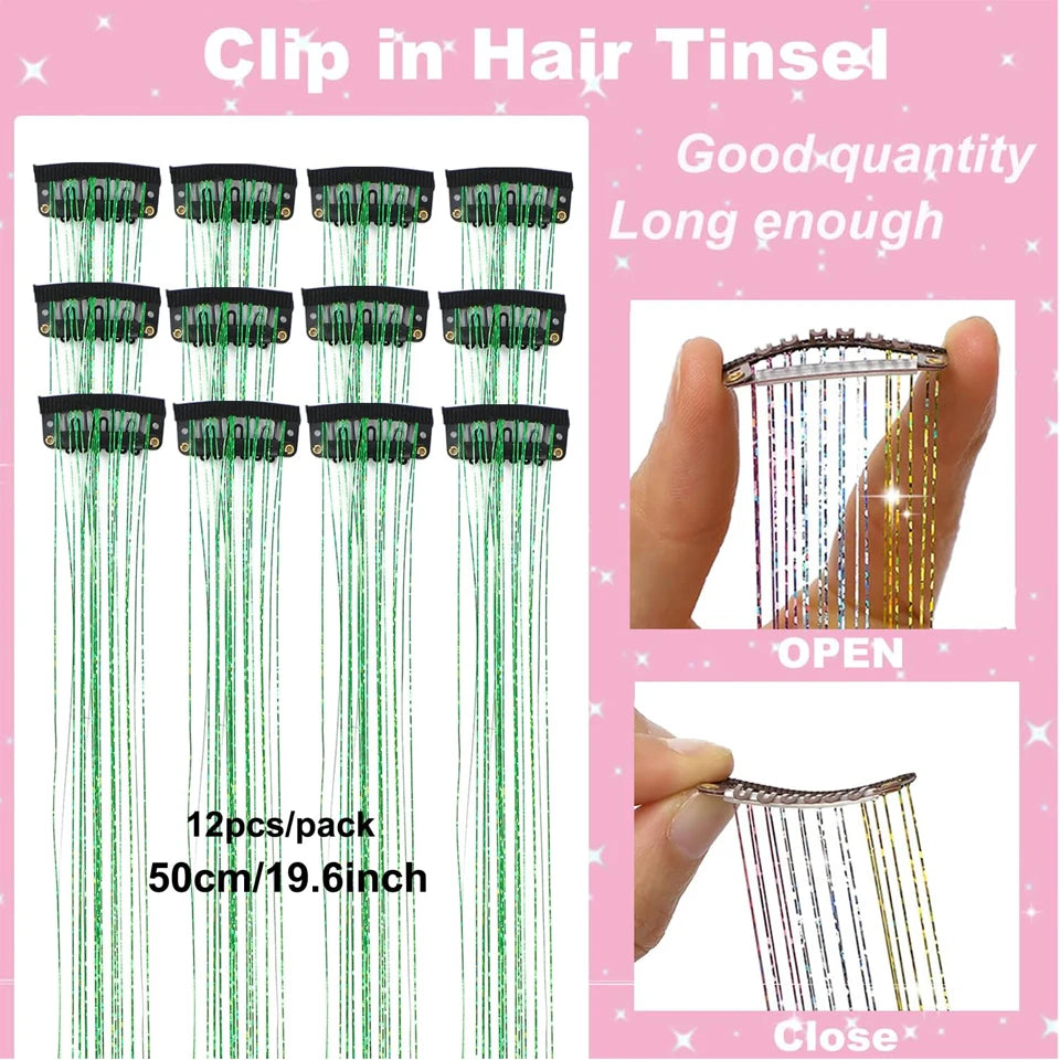 Tinsel Kit 12Pcs Clip In Hair Glitter Extensions