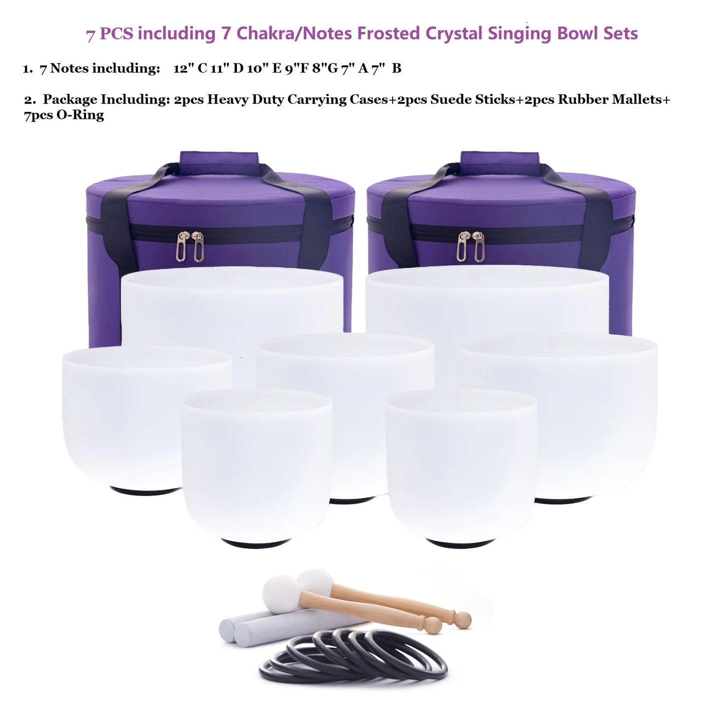 Crystal Singing Bowls Chakra Set of 7 with Carrying Cases for Yoga Medication Sound Healing for Deep Relaxation 7"-12"