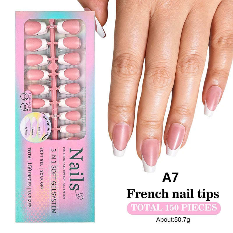 150pcs Boxed French Gel Tips Press On Nails Almond Nails 15 Sizes Pre-applied Fake Nails For Manicure Extension