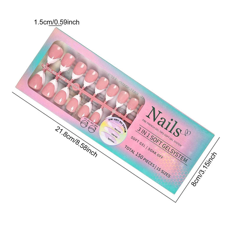 150pcs Boxed French Gel Tips Press On Nails Almond Nails 15 Sizes Pre-applied Fake Nails For Manicure Extension