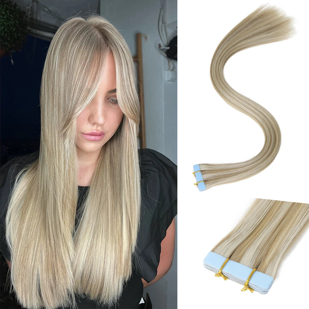 Tape in Hair Extensions Human Hair, 20Inch 10Pcs  25g  Seamless Weft Tape Invisible Adhesive Tape In Hair Extensions