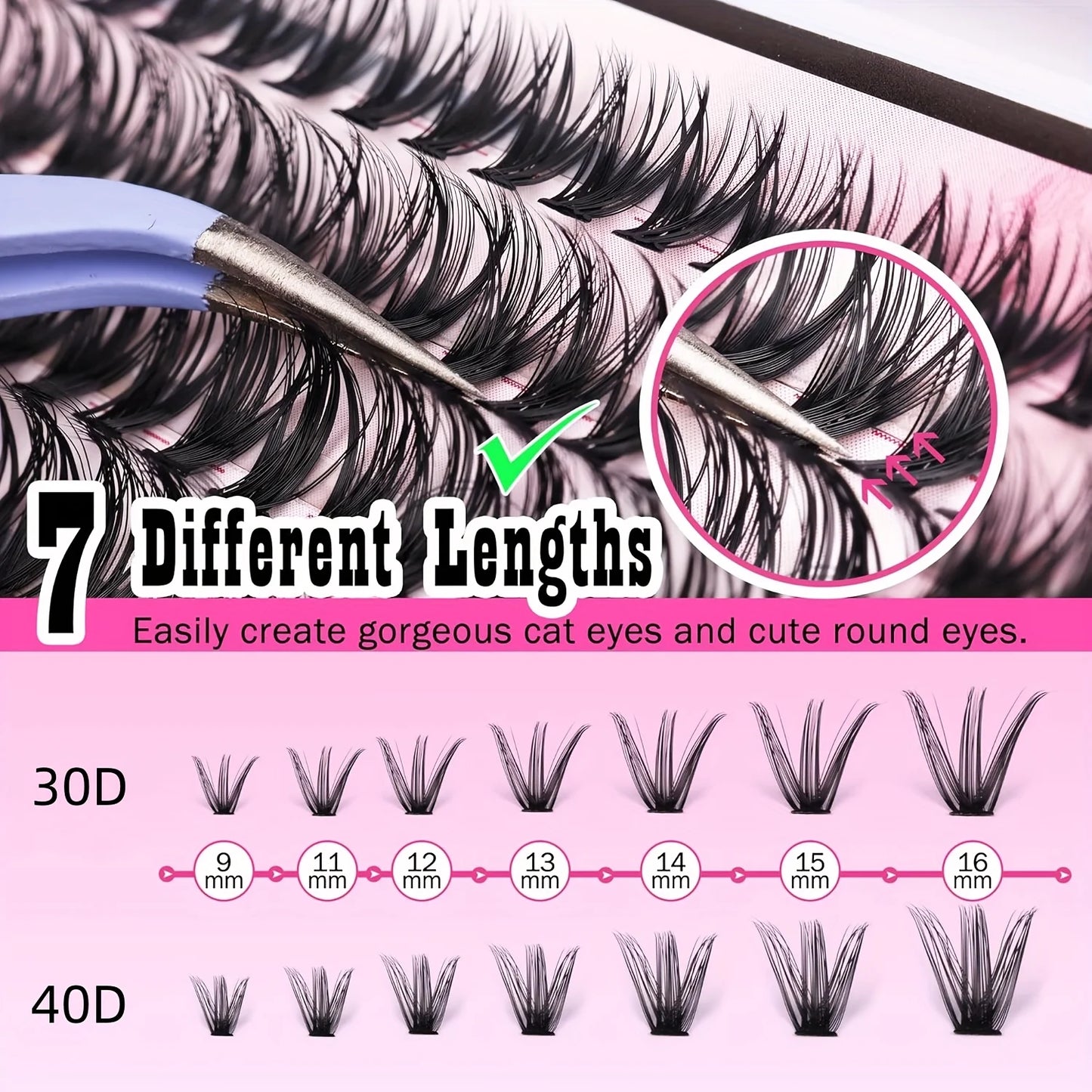 Natural Look False Eyelashes Kit, 280pcs lashes clusters kit, 9-16mm 30D&40D Individual Lashes with Bond Seal Tweezers forMakeup