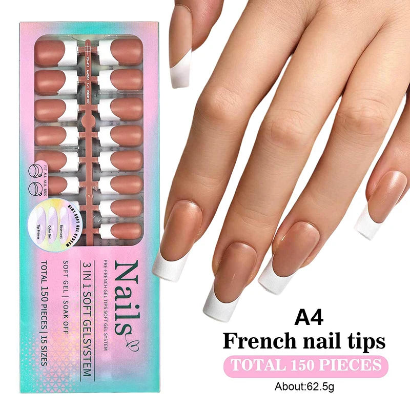 150pcs Boxed French Gel Tips Press On Nails Almond Nails 15 Sizes Pre-applied Fake Nails For Manicure Extension