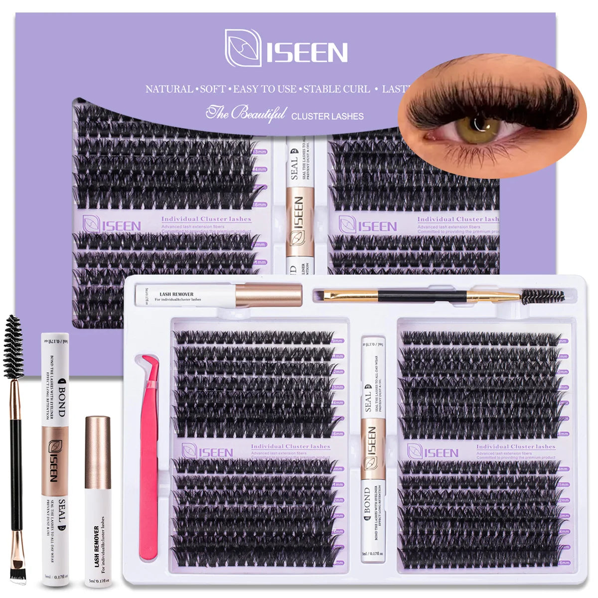 Lash Extension Kit D Curl Cluster Lashes 9-16mm Natural And Voluminous Styles with Bond&Seal Tweezers Reusable Beginner-Friendly