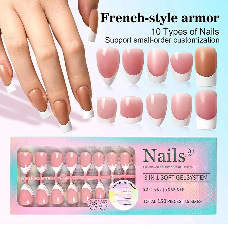 150pcs Boxed French Gel Tips Press On Nails Almond Nails 15 Sizes Pre-applied Fake Nails For Manicure Extension