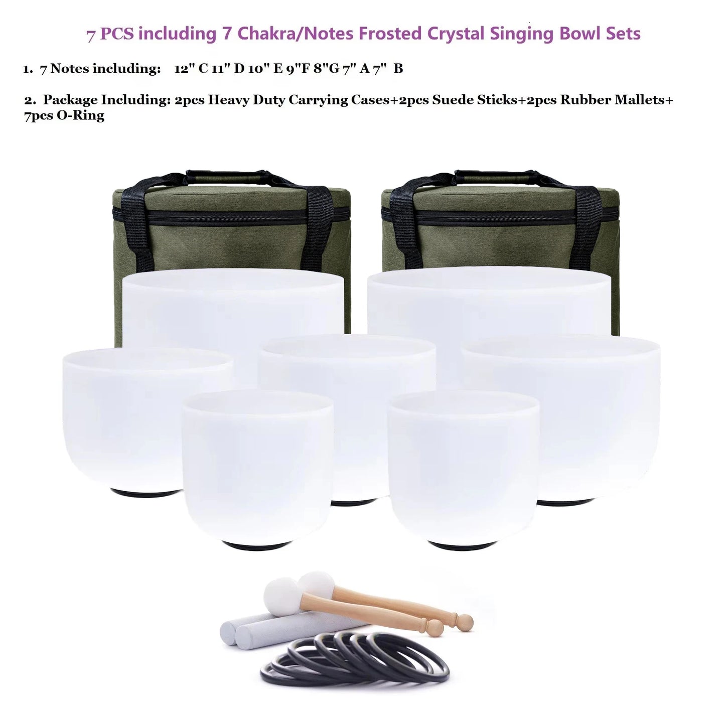 Crystal Singing Bowls Chakra Set of 7 with Carrying Cases for Yoga Medication Sound Healing for Deep Relaxation 7"-12"