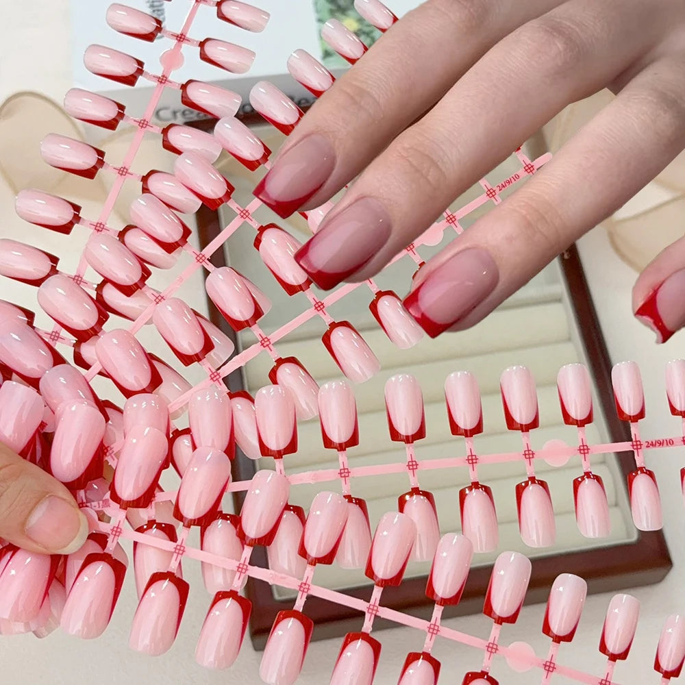 120Pcs Short Square White French Fake Nails Tips Nude Pink Coffin-shaped Glossy Press on nails Full Cover Wearable False Nails-#
