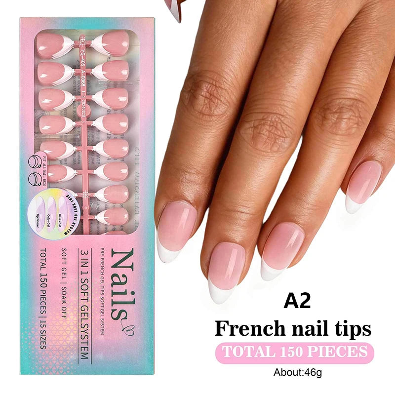 150pcs Boxed French Gel Tips Press On Nails Almond Nails 15 Sizes Pre-applied Fake Nails For Manicure Extension