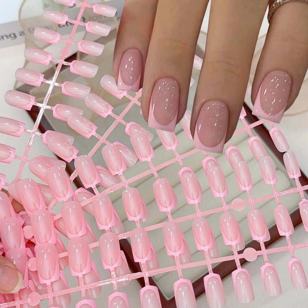 120Pcs Short Square White French Fake Nails Tips Nude Pink Coffin-shaped Glossy Press on nails Full Cover Wearable False Nails-#
