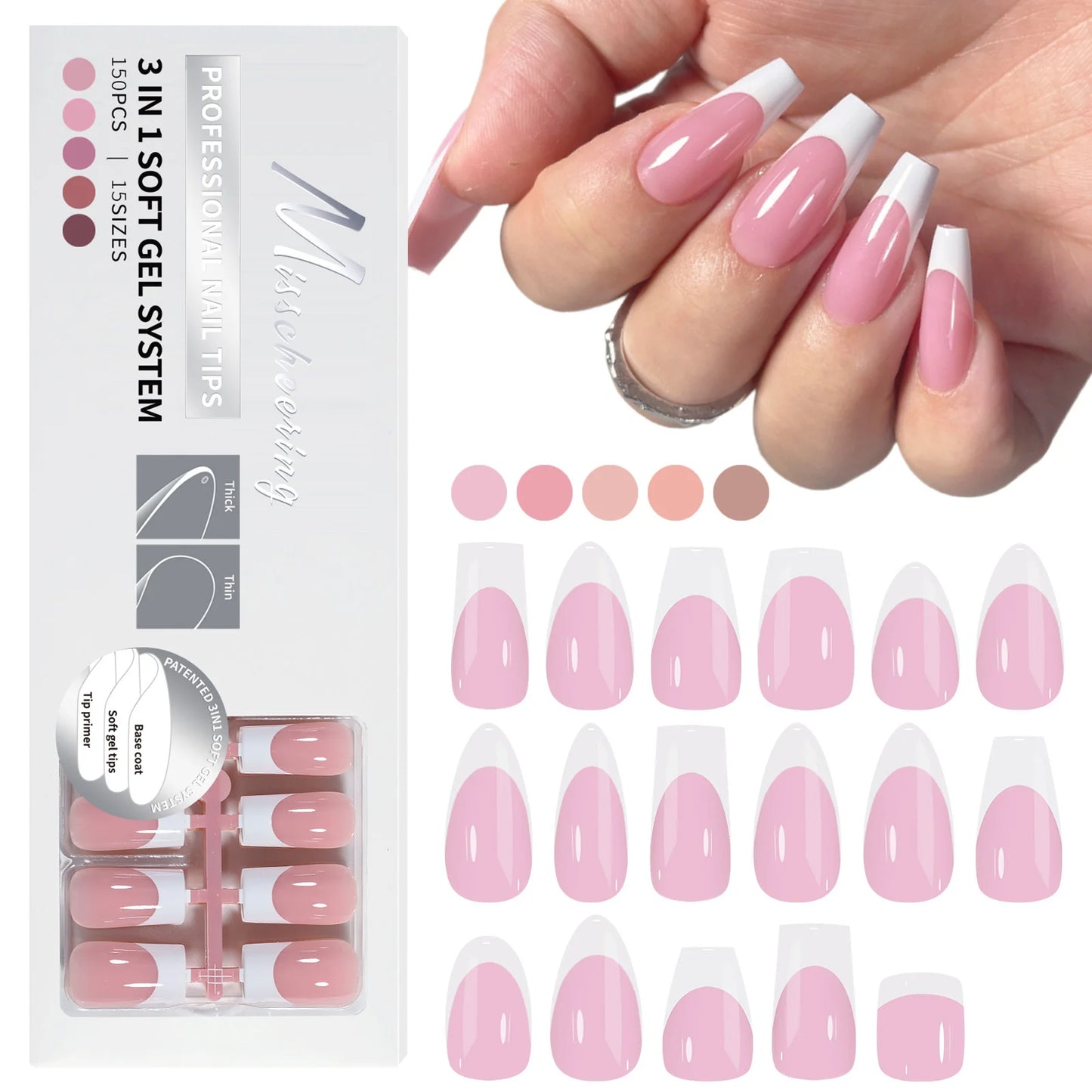 150Pcs/Box Acrylic Press on Nails Full Cover Fake False Tips Soft Gel Extension T-shaped Oval Capsule Almond Sculpted Salon DIY