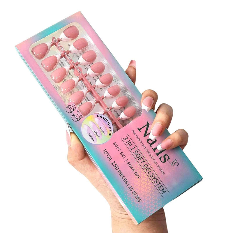 150pcs Boxed French Gel Tips Press On Nails Almond Nails 15 Sizes Pre-applied Fake Nails For Manicure Extension