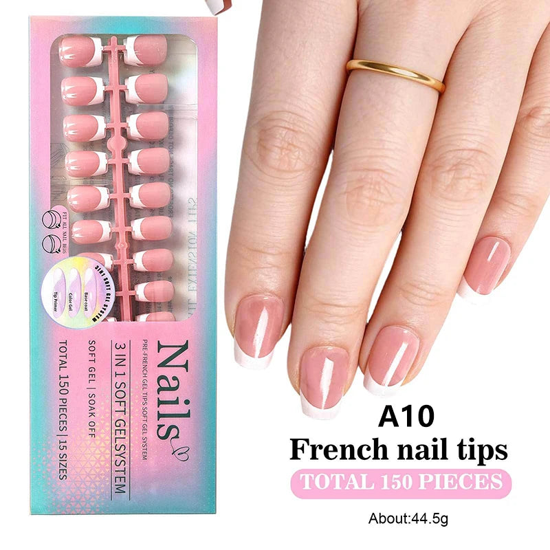 150pcs Boxed French Gel Tips Press On Nails Almond Nails 15 Sizes Pre-applied Fake Nails For Manicure Extension