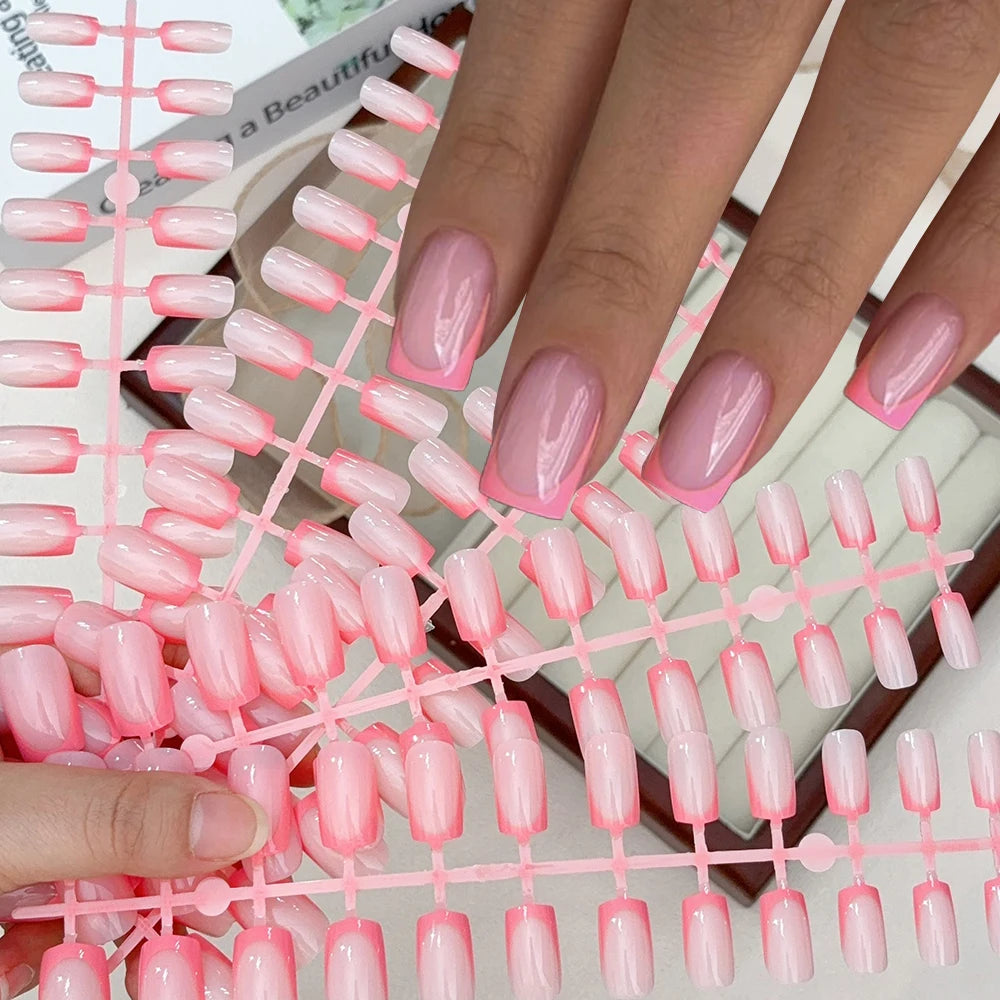 120Pcs Short Square White French Fake Nails Tips Nude Pink Coffin-shaped Glossy Press on nails Full Cover Wearable False Nails-#