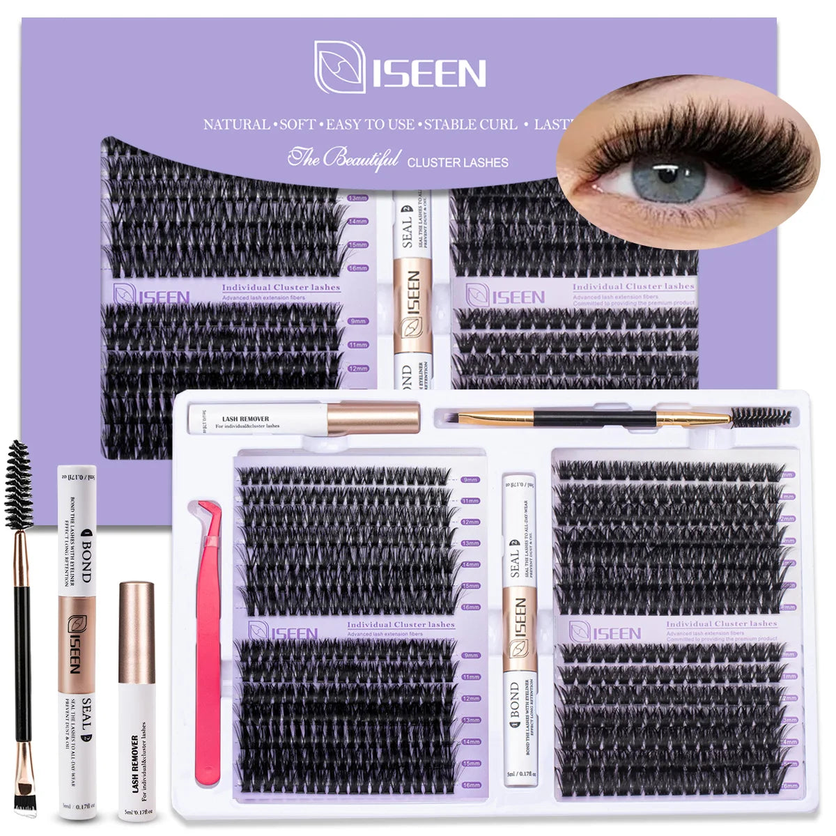 Lash Extension Kit D Curl Cluster Lashes 9-16mm Natural And Voluminous Styles with Bond&Seal Tweezers Reusable Beginner-Friendly
