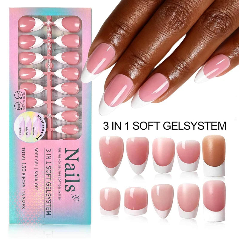 150pcs Boxed French Gel Tips Press On Nails Almond Nails 15 Sizes Pre-applied Fake Nails For Manicure Extension