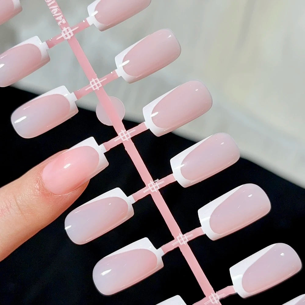 120Pcs Short Square White French Fake Nails Tips Nude Pink Coffin-shaped Glossy Press on nails Full Cover Wearable False Nails-#