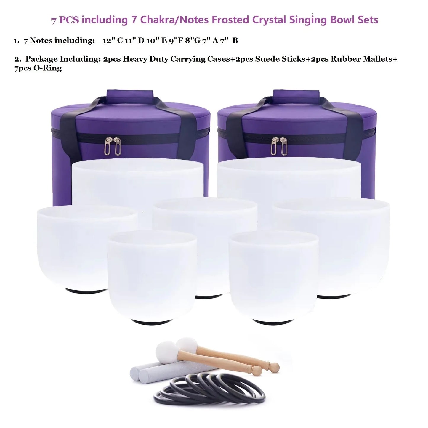 Crystal Singing Bowls Chakra Set of 7 with Carrying Cases for Yoga Medication Sound Healing for Deep Relaxation 7"-12"