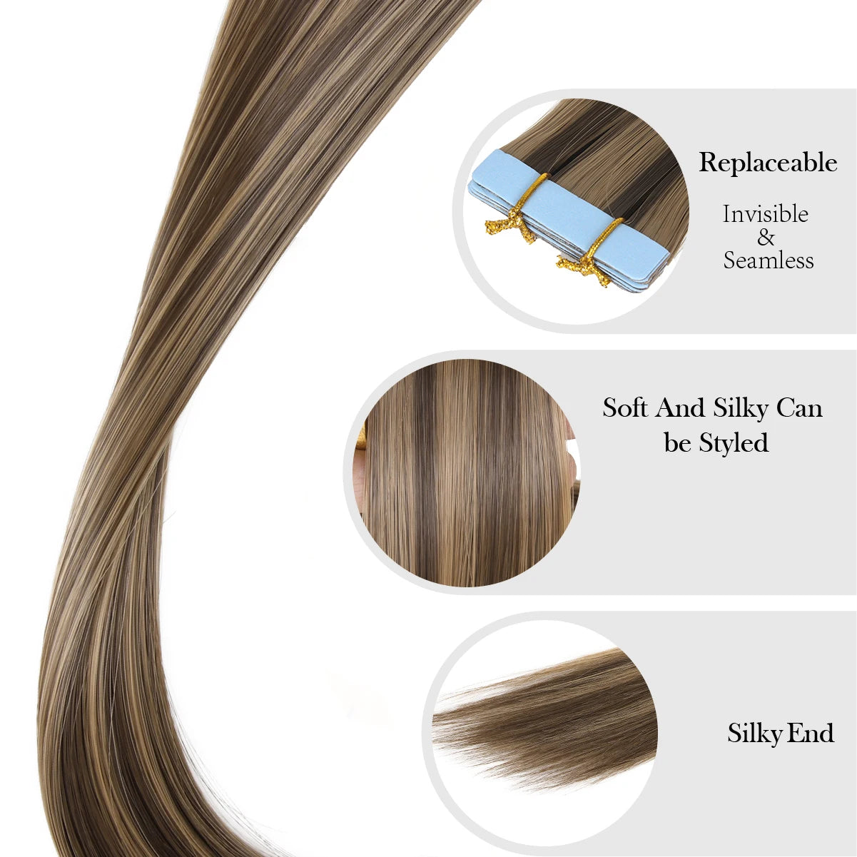 Tape in Hair Extensions Human Hair, 20Inch 10Pcs  25g  Seamless Weft Tape Invisible Adhesive Tape In Hair Extensions