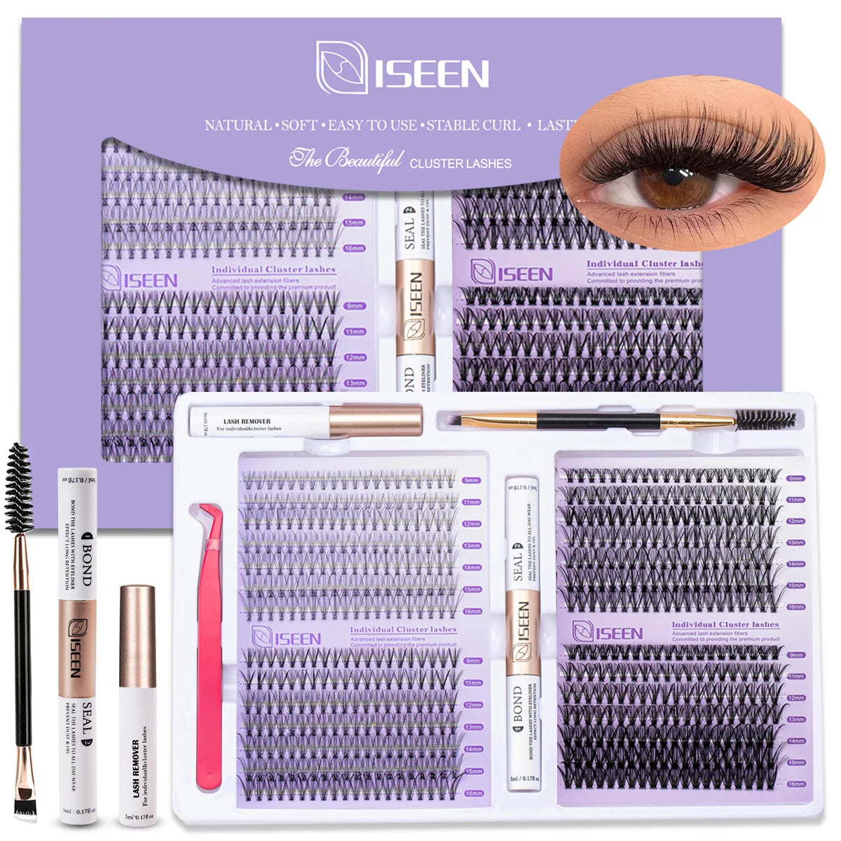 Lash Extension Kit D Curl Cluster Lashes 9-16mm Natural And Voluminous Styles with Bond&Seal Tweezers Reusable Beginner-Friendly