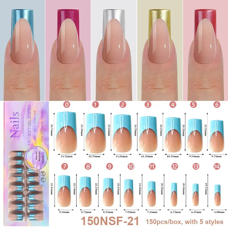 150Pcs/Box Acrylic Press on Nails Full Cover Fake False Tips Soft Gel Extension T-shaped Oval Capsule Almond Sculpted Salon DIY