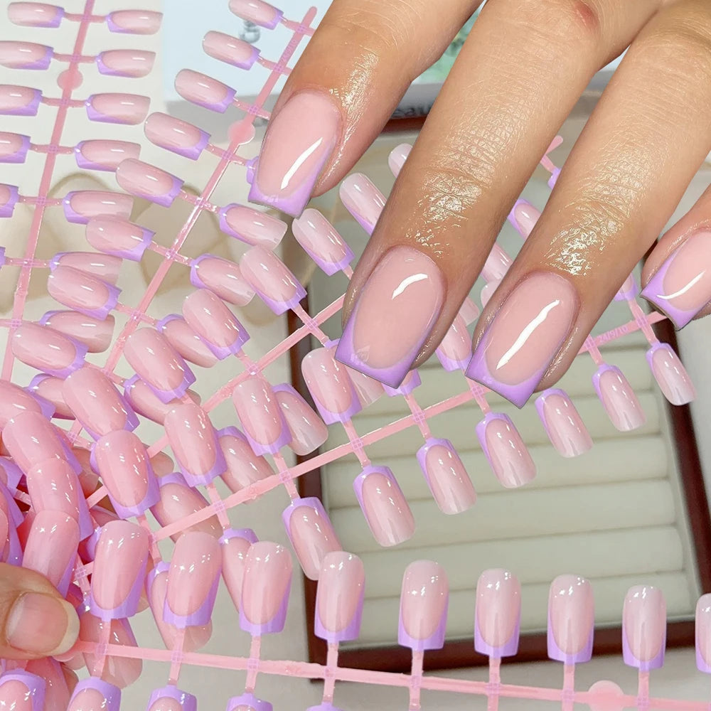 120Pcs Short Square White French Fake Nails Tips Nude Pink Coffin-shaped Glossy Press on nails Full Cover Wearable False Nails-#