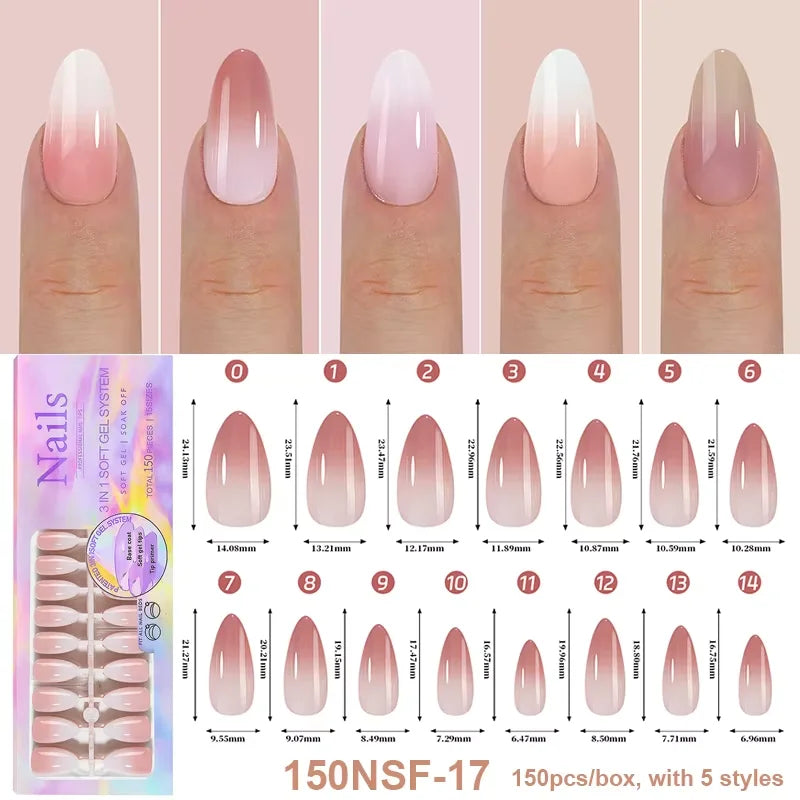 150Pcs/Box Acrylic Press on Nails Full Cover Fake False Tips Soft Gel Extension T-shaped Oval Capsule Almond Sculpted Salon DIY