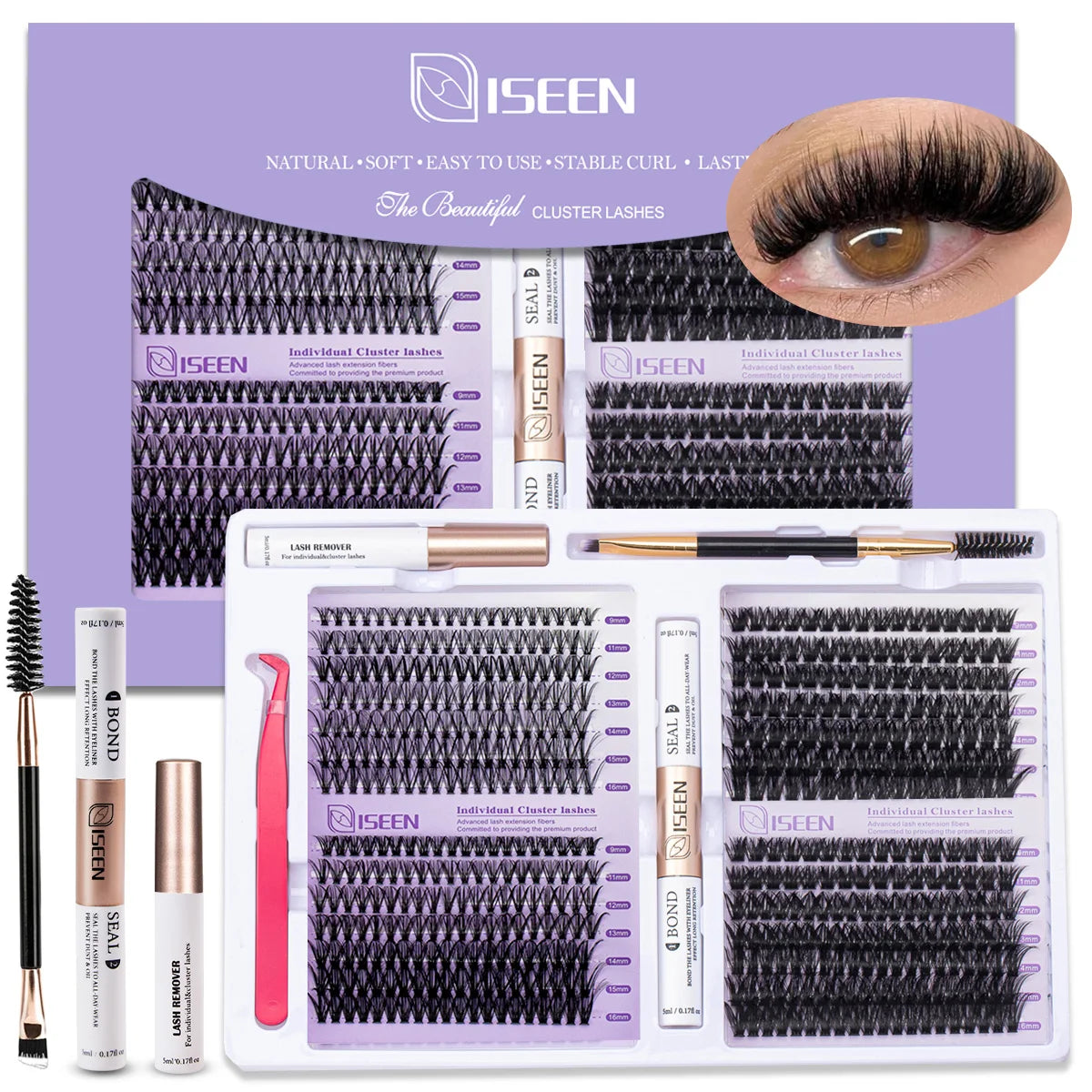 Lash Extension Kit D Curl Cluster Lashes 9-16mm Natural And Voluminous Styles with Bond&Seal Tweezers Reusable Beginner-Friendly