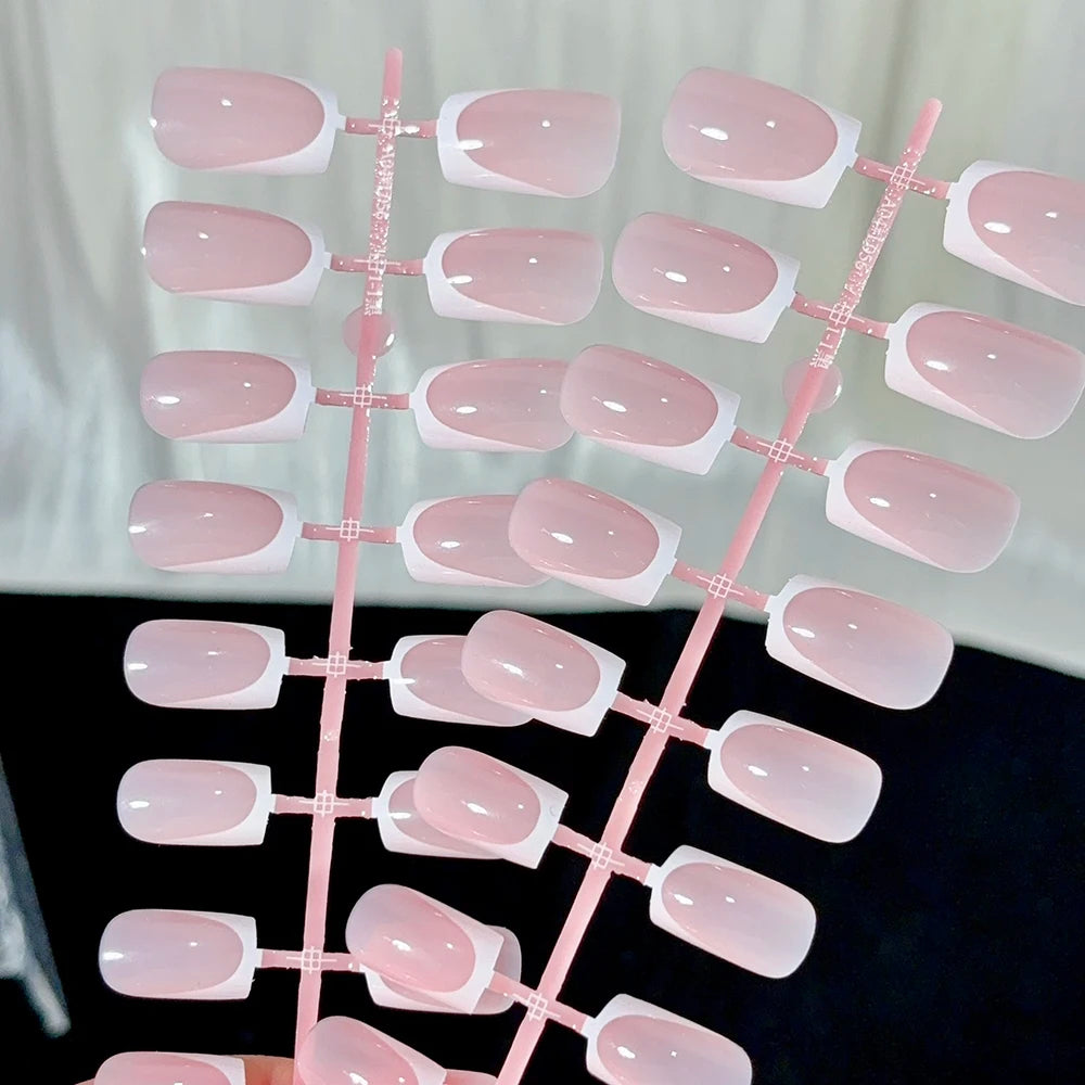 120Pcs Short Square White French Fake Nails Tips Nude Pink Coffin-shaped Glossy Press on nails Full Cover Wearable False Nails-#