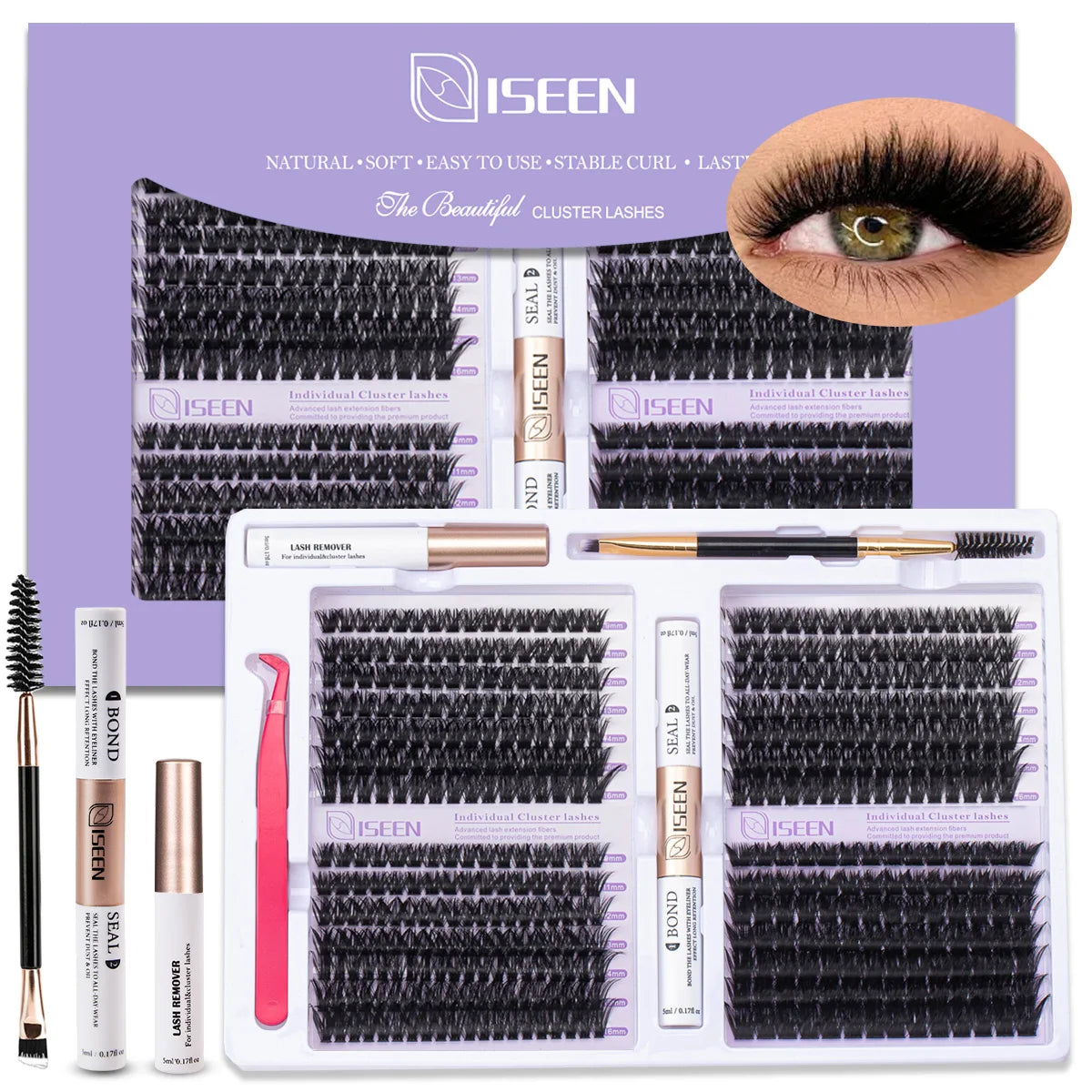 Lash Extension Kit D Curl Cluster Lashes 9-16mm Natural And Voluminous Styles with Bond&Seal Tweezers Reusable Beginner-Friendly