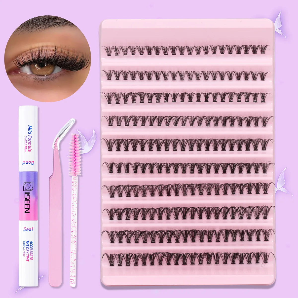 Lash Extension Kit D Curl Cluster Lashes 9-16mm Natural And Voluminous Styles with Bond&Seal Tweezers Reusable Beginner-Friendly