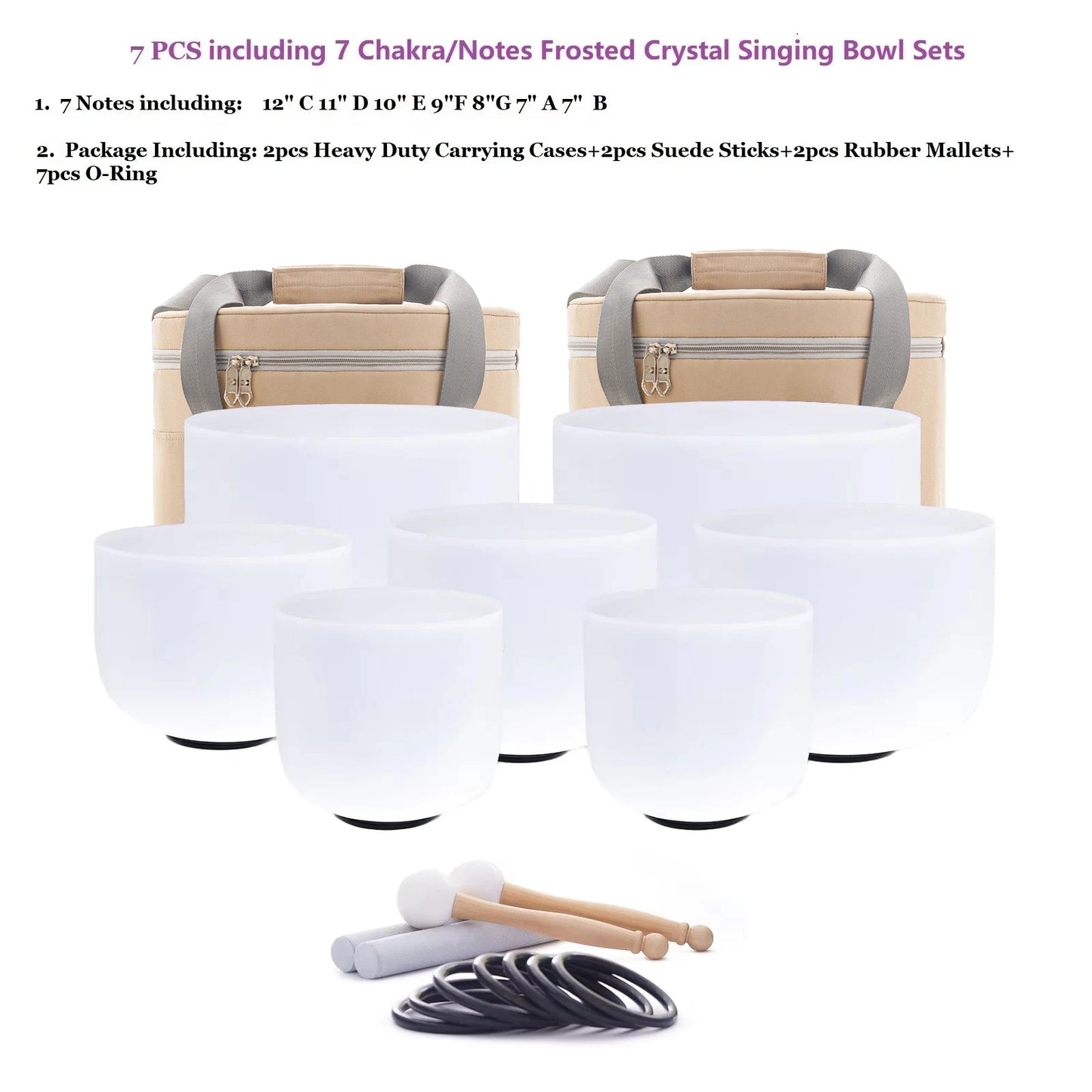 Crystal Singing Bowls Chakra Set of 7 with Carrying Cases for Yoga Medication Sound Healing for Deep Relaxation 7"-12"