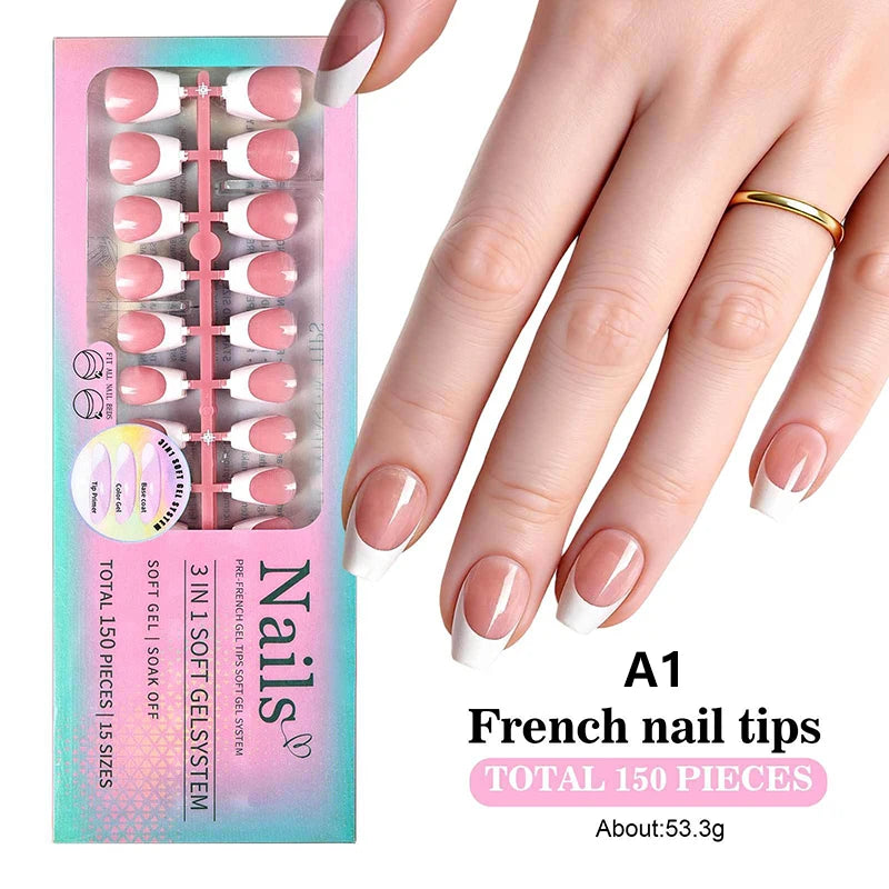 150pcs Boxed French Gel Tips Press On Nails Almond Nails 15 Sizes Pre-applied Fake Nails For Manicure Extension