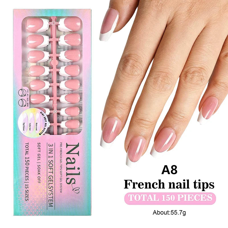 150pcs Boxed French Gel Tips Press On Nails Almond Nails 15 Sizes Pre-applied Fake Nails For Manicure Extension