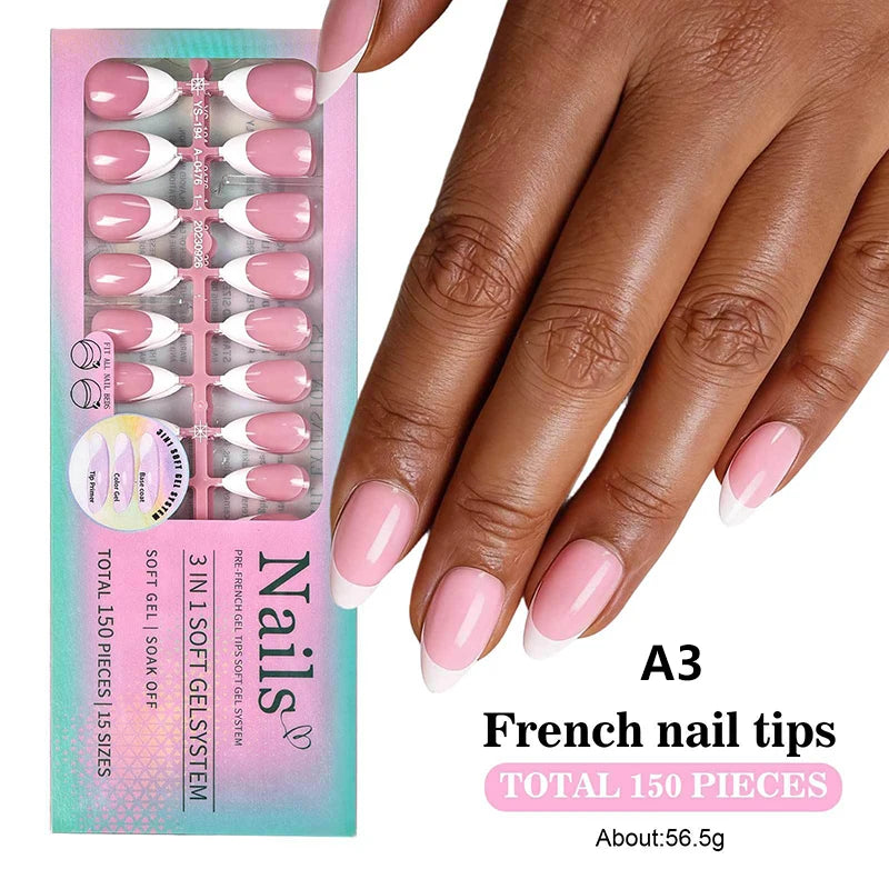 150pcs Boxed French Gel Tips Press On Nails Almond Nails 15 Sizes Pre-applied Fake Nails For Manicure Extension