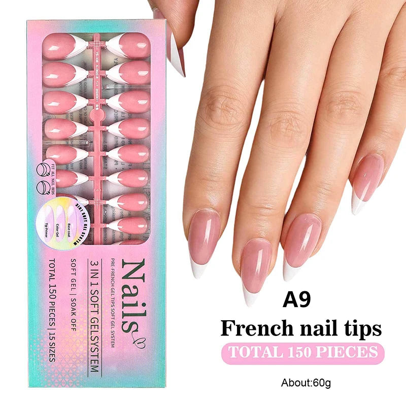 150pcs Boxed French Gel Tips Press On Nails Almond Nails 15 Sizes Pre-applied Fake Nails For Manicure Extension