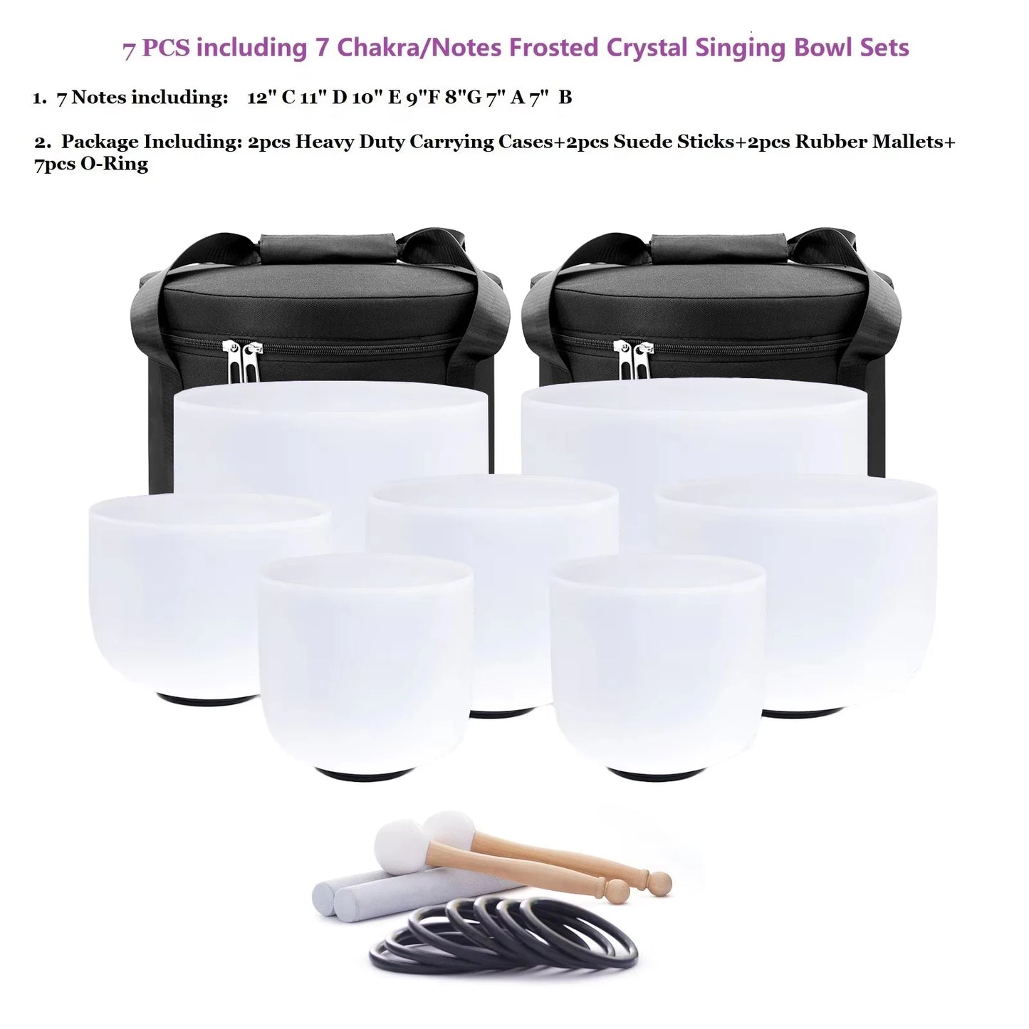Crystal Singing Bowls Chakra Set of 7 with Carrying Cases for Yoga Medication Sound Healing for Deep Relaxation 7"-12"