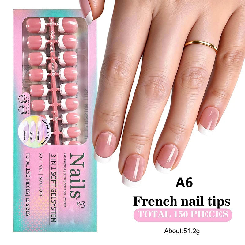 150pcs Boxed French Gel Tips Press On Nails Almond Nails 15 Sizes Pre-applied Fake Nails For Manicure Extension