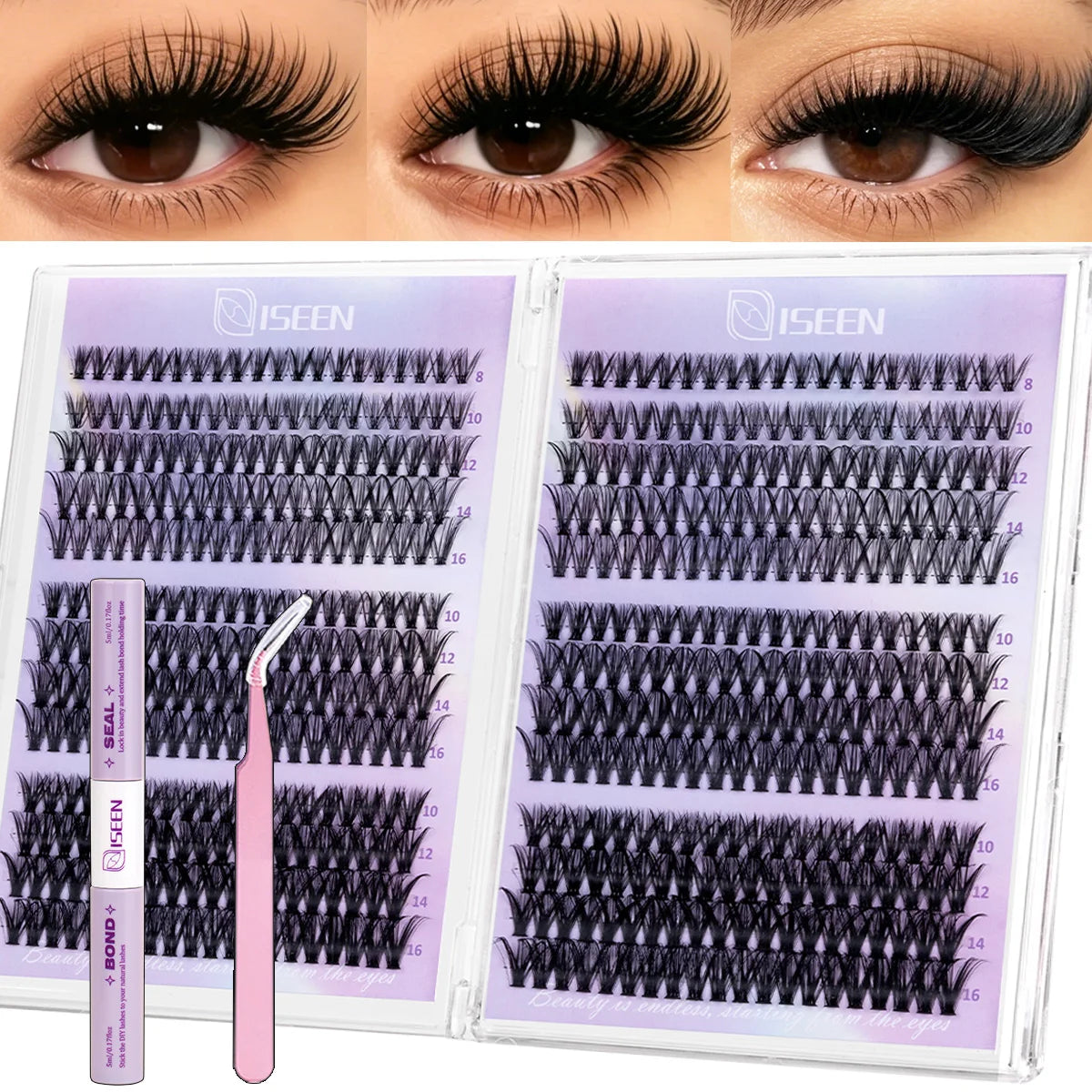 Lash Extension Kit D Curl Cluster Lashes 9-16mm Natural And Voluminous Styles with Bond&Seal Tweezers Reusable Beginner-Friendly
