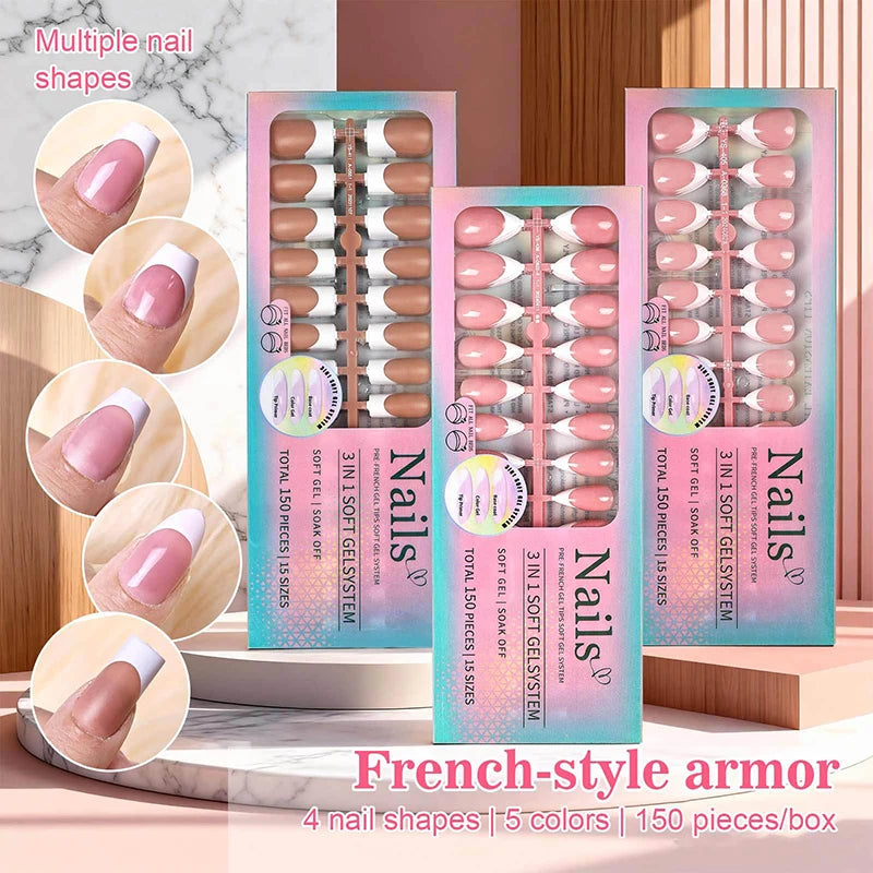 150pcs Boxed French Gel Tips Press On Nails Almond Nails 15 Sizes Pre-applied Fake Nails For Manicure Extension