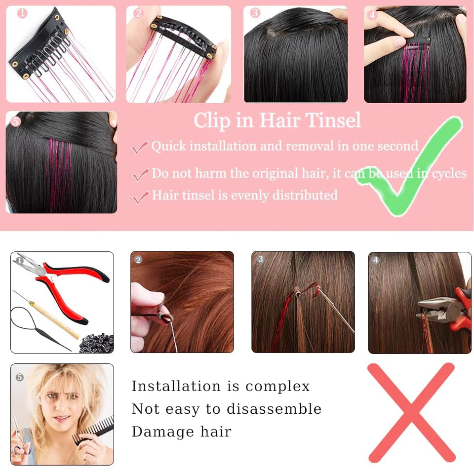 Tinsel Kit 12Pcs Clip In Hair Glitter Extensions