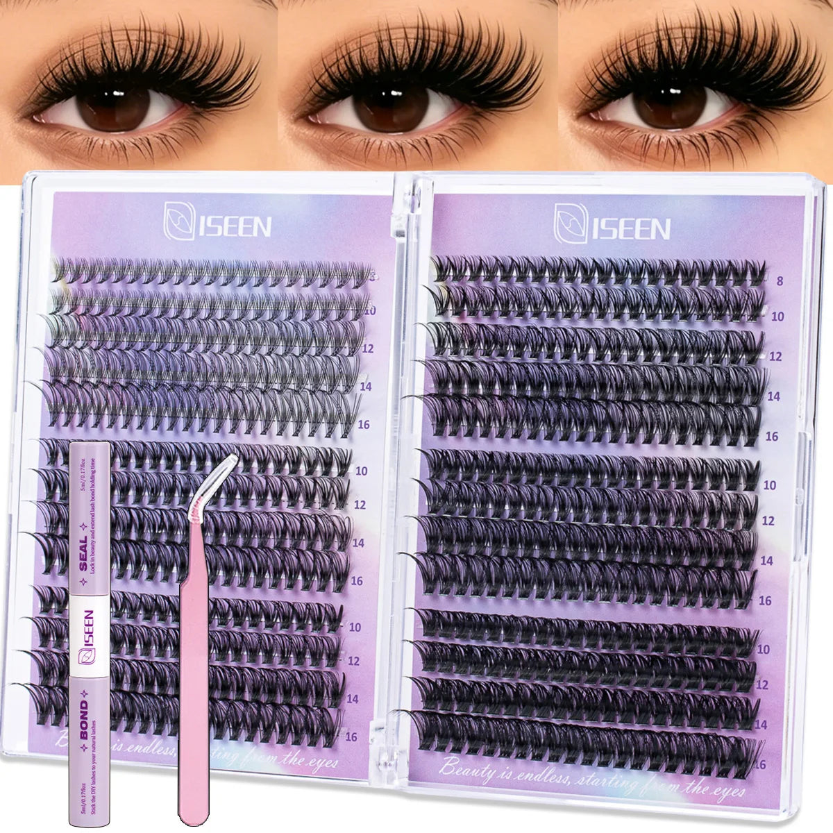Lash Extension Kit D Curl Cluster Lashes 9-16mm Natural And Voluminous Styles with Bond&Seal Tweezers Reusable Beginner-Friendly