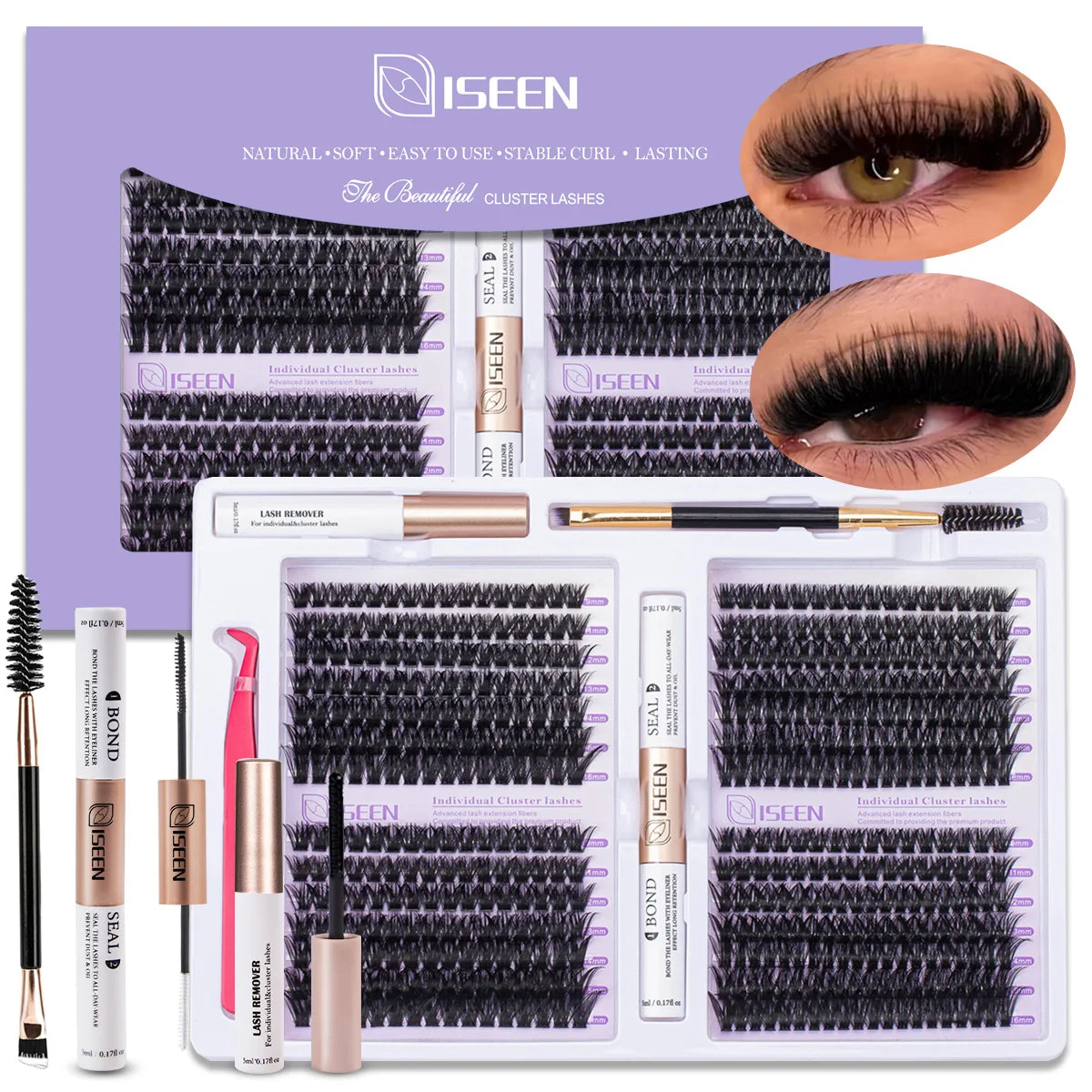 Lash Extension Kit D Curl Cluster Lashes 9-16mm Natural And Voluminous Styles with Bond&Seal Tweezers Reusable Beginner-Friendly