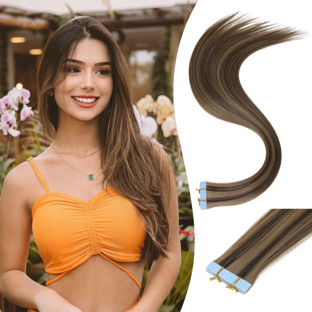 Tape in Hair Extensions Human Hair, 20Inch 10Pcs  25g  Seamless Weft Tape Invisible Adhesive Tape In Hair Extensions