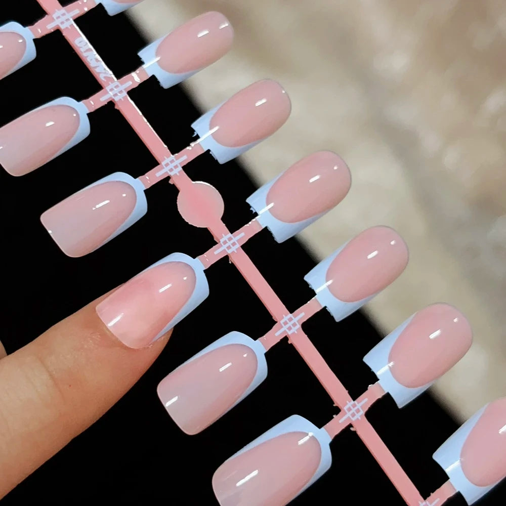 120Pcs Short Square White French Fake Nails Tips Nude Pink Coffin-shaped Glossy Press on nails Full Cover Wearable False Nails-#